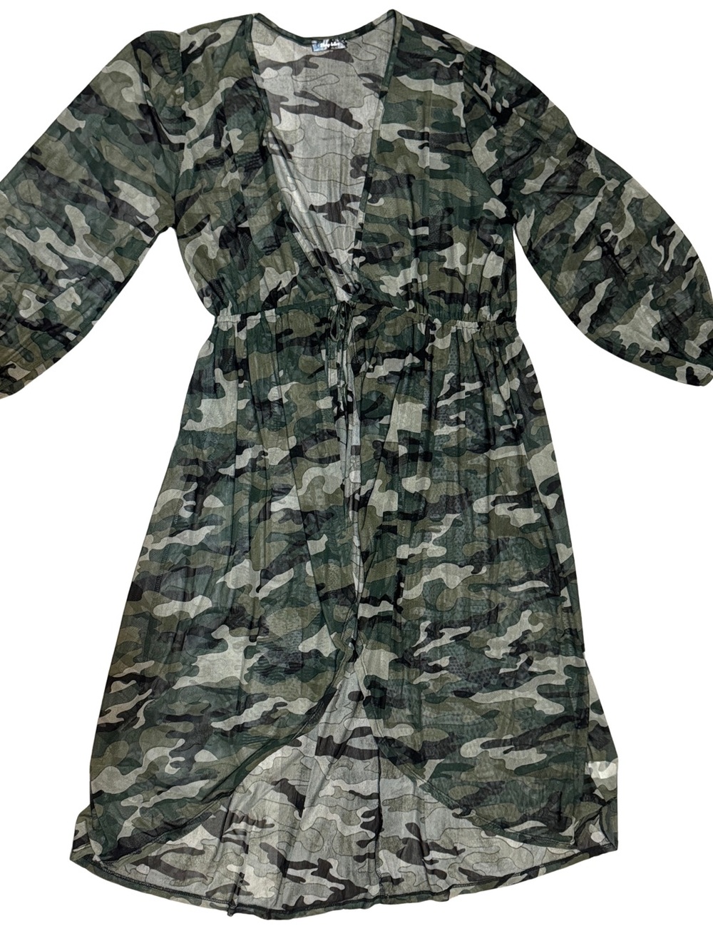 Women's Sheer Mesh Camouflage Drawstring Waist Open Cardigan Kimono